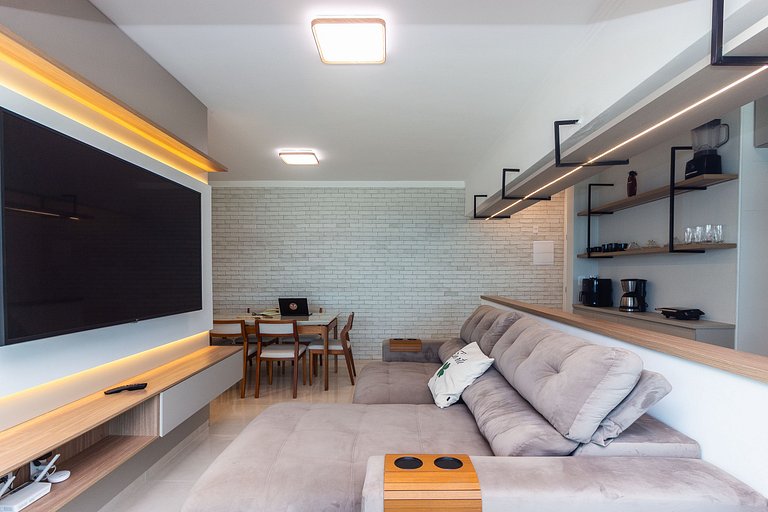 Apê Vista Mar c/ Varanda Chef + A/C + Vaga e Wi-Fi