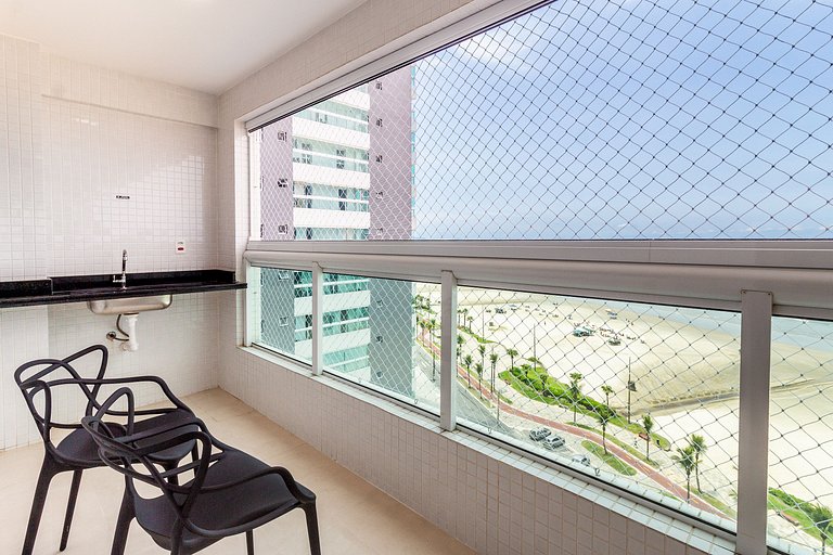 Apê Vista Mar c/ Varanda Chef + A/C + Vaga e Wi-Fi