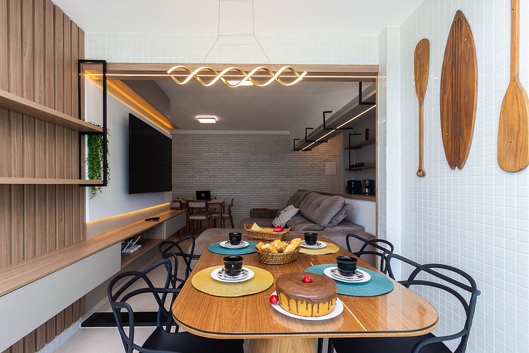 Apê Vista Mar c/ Varanda Chef + A/C + Vaga e Wi-Fi