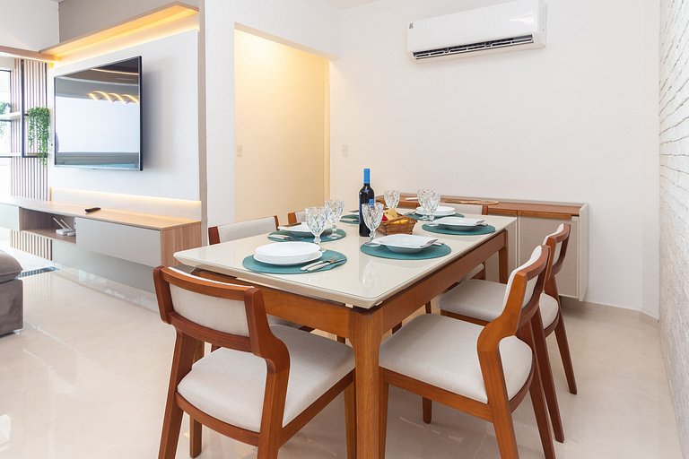 Apê Vista Mar c/ Varanda Chef + A/C + Vaga e Wi-Fi